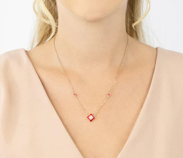 Diamond Style London - Clover Necklace in Gold Plating and Red Enamel (Item code: Cloverneckredgold)