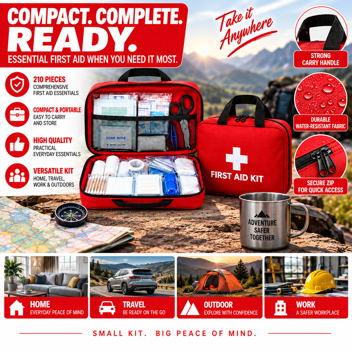 Generise 208pc First Aid Kit - Red