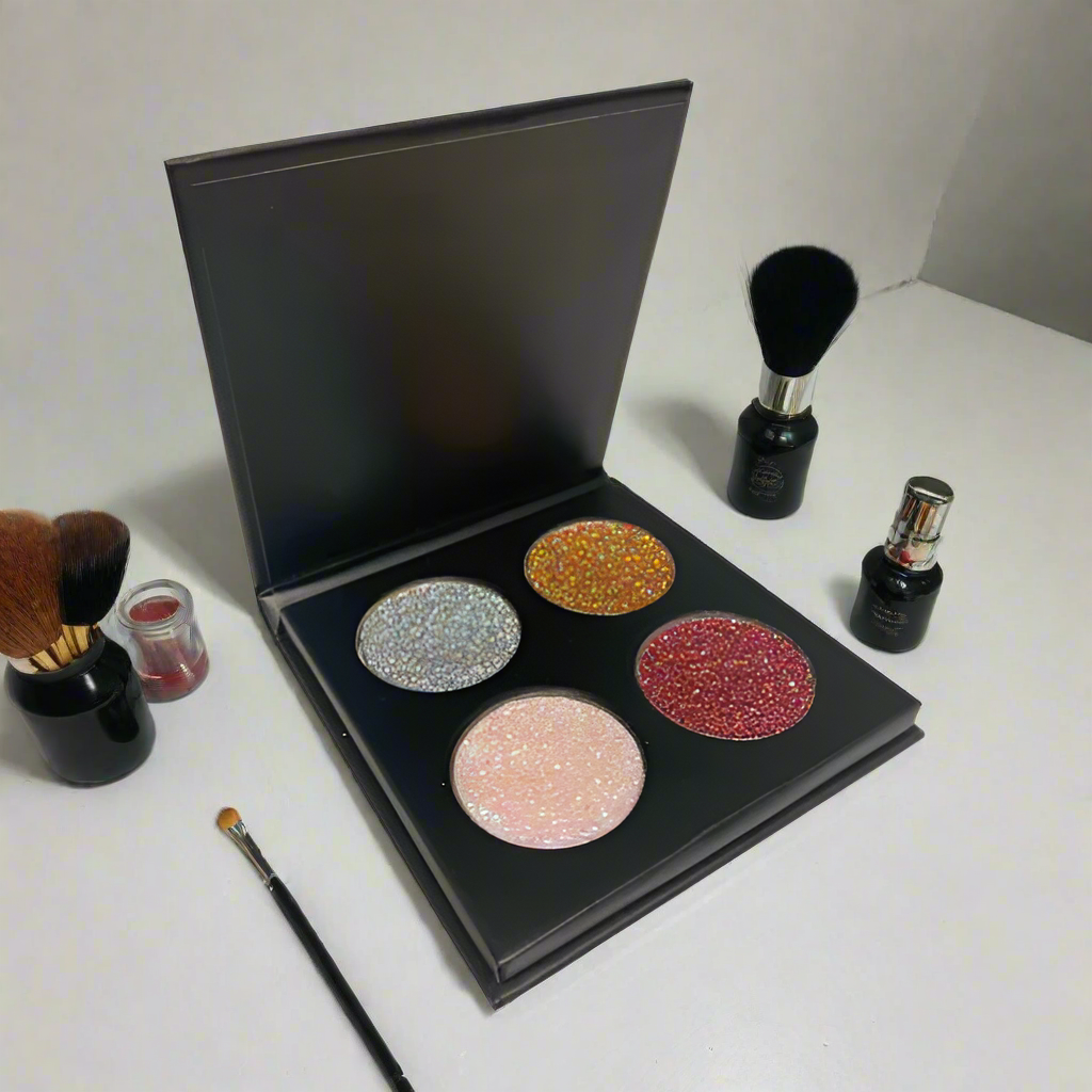 4pc Slim Glitter Eyeshadow Palette with Magnetic Flip-Top Closure – Black Compact