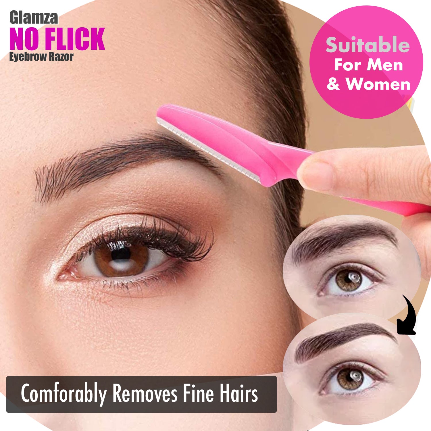 Glamza No Flick Eyebrow & Dermaplaning Razors – 3 Pack