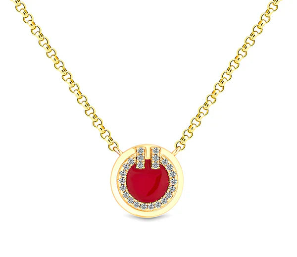 Diamond Style London - Round Pendant Small with Red enamel in yellow gold necklace (Item code: Roundpensmlgold)