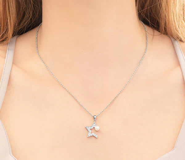 Diamond Style London - Star Pearl Pendant in Rhodium Plating Necklace (Item code: Starpearlpen)