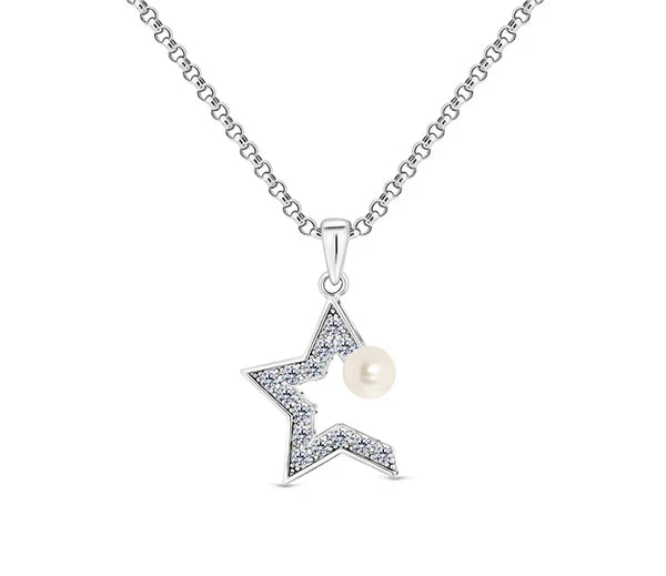 Diamond Style London - Star Pearl Pendant in Rhodium Plating Necklace (Item code: Starpearlpen)
