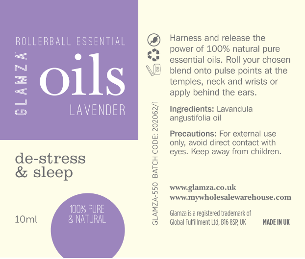 Glamza Premium Essential Oils 10ml Roll On - 100% Pure Lavender, Orange, Peppermint, Eucalyptus, Rosemary, Rosehip.