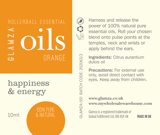 Glamza Premium Essential Oils 10ml Roll On - 100% Pure Lavender, Orange, Peppermint, Eucalyptus, Rosemary, Rosehip.