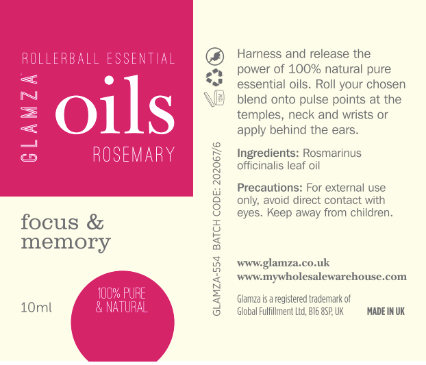 Glamza Premium Essential Oils 10ml Roll On - 100% Pure Lavender, Orange, Peppermint, Eucalyptus, Rosemary, Rosehip.
