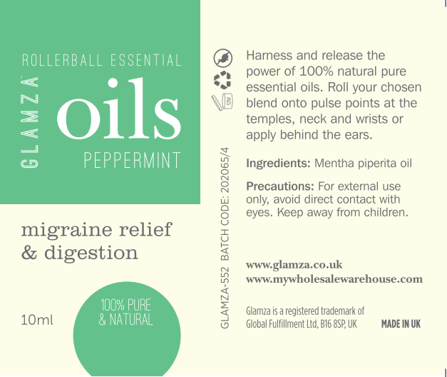 Glamza Premium Essential Oils 10ml Roll On - 100% Pure Lavender, Orange, Peppermint, Eucalyptus, Rosemary, Rosehip.