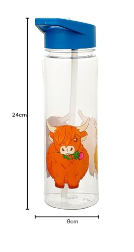 Puckator Highland Coo Cow Kids Drinks Bottle With Flip Straw Reusable Water Bottle For Girls And Boys With A Carry Handle Bpa Free For School Nursery Cute Cow Design Pp 550Ml