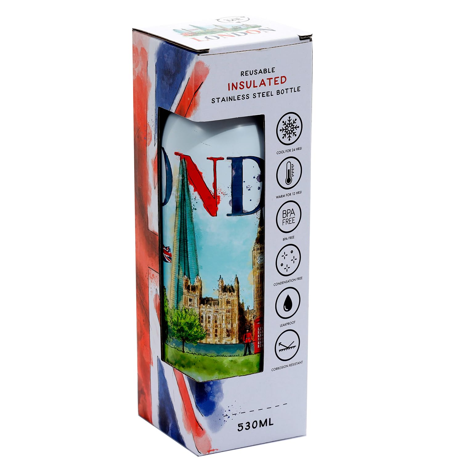 Puckator Bot194 London Tour Reusable Stainless Steel Hot Cold Thermal Insulated Drinks Bottle 530Ml