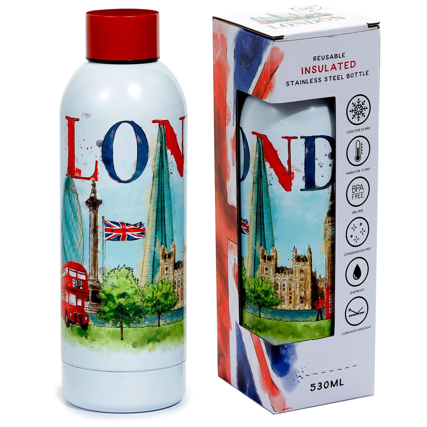 Puckator Bot194 London Tour Reusable Stainless Steel Hot Cold Thermal Insulated Drinks Bottle 530Ml